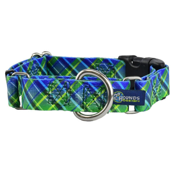 Electric Glow Green Plaid Buckle Martingale Dog Collar β EarthStyle