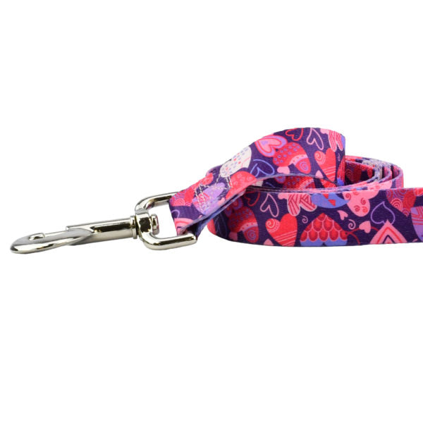 Close-up of dog leash with silver hardware featuring a heart pattern on purple by 2 Hounds Design - Earthstyle
