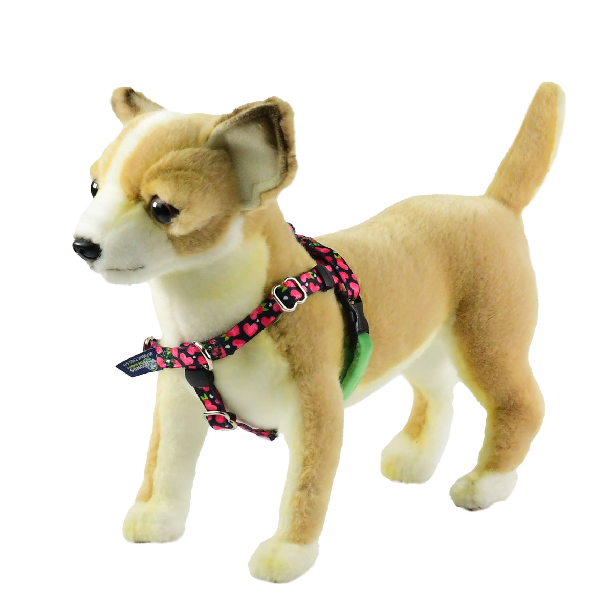 XXSmall fruity red hearts freedom no-pull dog harness on plush dog mannequin