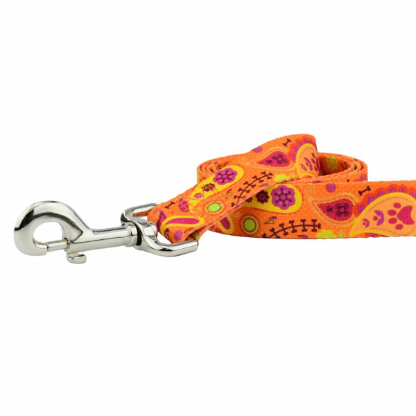 Close-up of dog leash with silver hardware featuring classic orange paisley pattern by 2 Hounds Design - Earthstyle