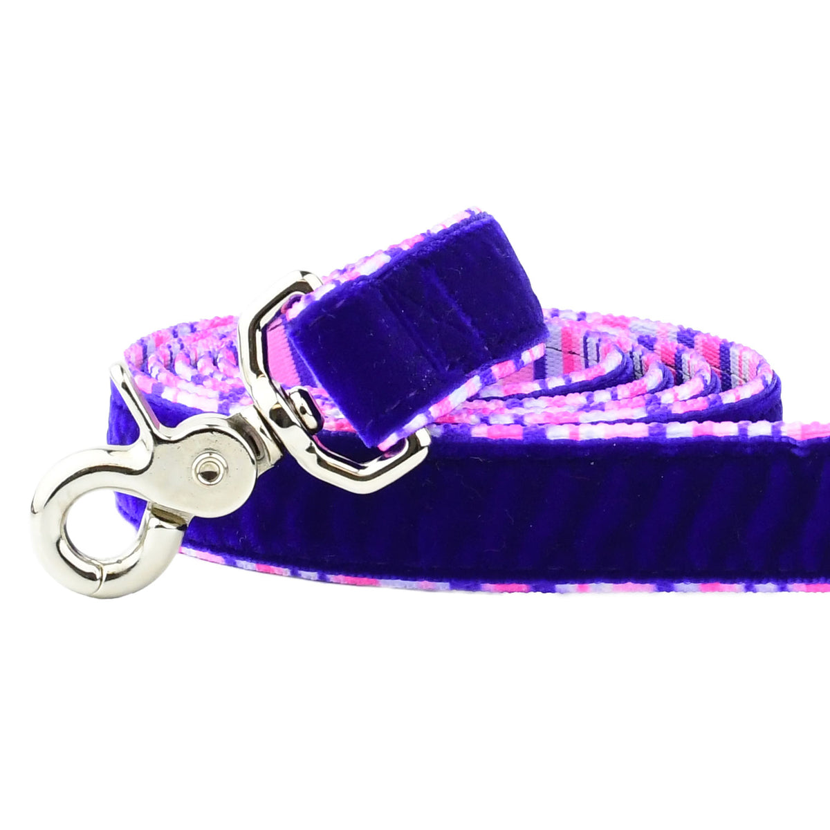 Close-up of purple striped swiss velvet dog leash with durable silver clasp
