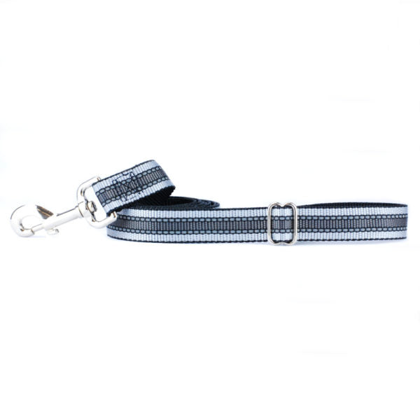Reflective silver and black dog leash with adjustable strap and metal clip, by 2 Hounds Design