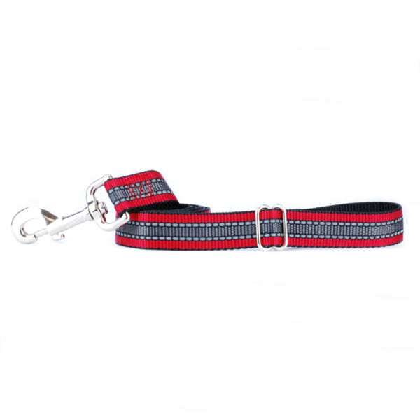 Reflective red and gray dog leash with adjustable strap and metal clip, by 2 Hounds Design