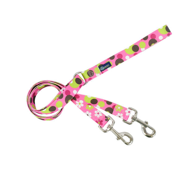 Floral dog leash with white flowers, geometric patterns on pink webbing and silver hardware by 2 Hounds Design. - Earthstyle