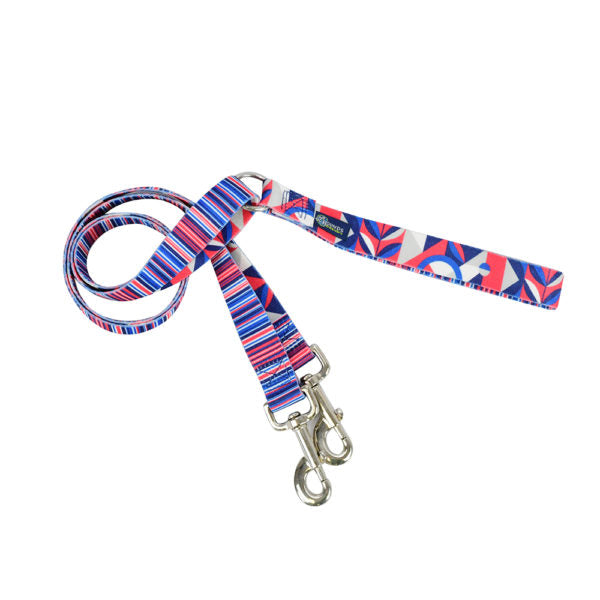 Light gray dog leash with thin dark blue, red, and white stripes and silver hardware by 2 Hounds Design. - Earthstyle