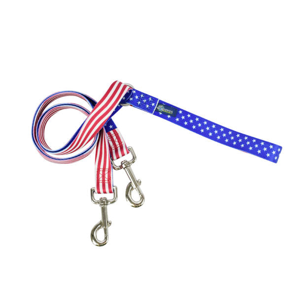 Navy blue dog training leash with star-spangled wave pattern in white and gray and silver hardware by 2 Hounds Design. - Earthstyle