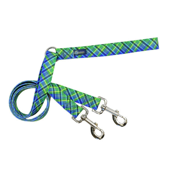 Deep teal double connection dog leash with subtle diagonal woven texture and silver metal hardware by 2 Hounds Design. - Earthstyle