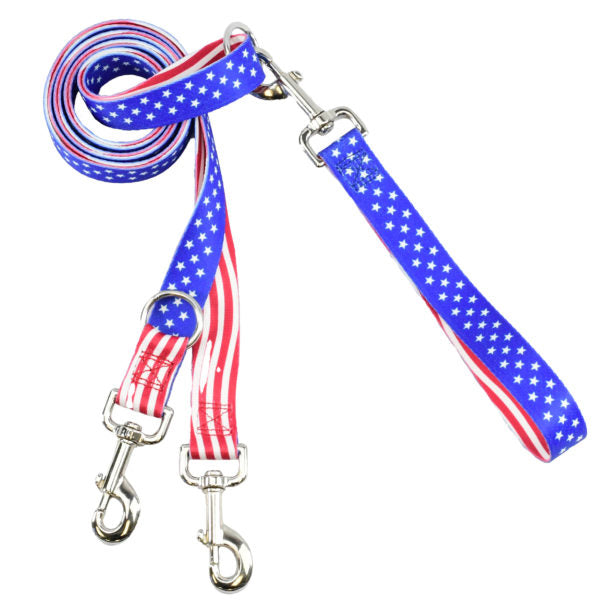 Navy blue dog euro-style leash with star-spangled wave pattern in white and gray and silver hardware by 2 Hounds Design. - Earthstyle