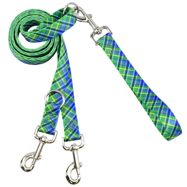 Deep teal double connection euro-style dog leash with subtle diagonal woven texture and silver metal hardware by 2 Hounds Design. - Earthstyle