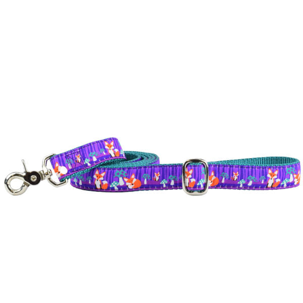 2 Hounds Design dog leash with fox and mushroom forest pattern on purple ribbon and teal webbing