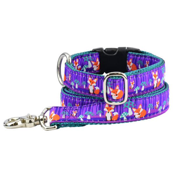 Matching 2 Hounds Design dog collar and leash with fox and mushroom forest pattern on purple ribbon and teal webbing