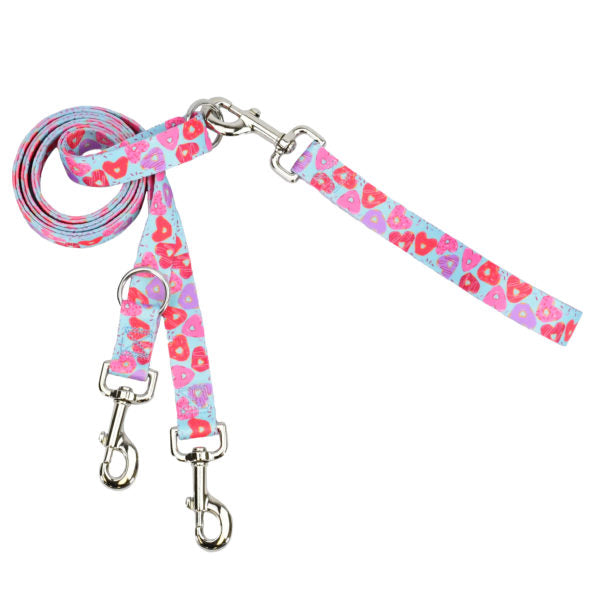 Vibrant turquoise blue double connection euro-style dog leash featuring a playful heart-shaped donut pattern and silver metal hardware by 2 Hounds Design. - Earthstyle