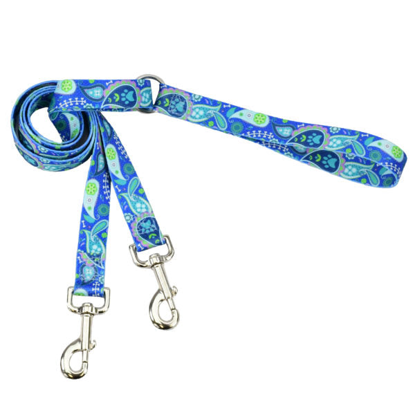 Blue paisley patterned double connection euro-style dog leash with durable nylon webbing and silver metal hardware, designed for secure and stylish dog walking by 2 Hounds Design. - Earthstyle