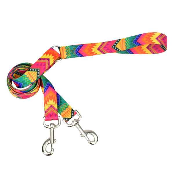 Colorful dog training leash with multicolor geometric pattern and silver hardware, durable nylon design by 2 Hounds Design. - Earthstyle