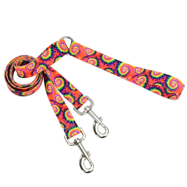 Tie-dye double connection leash with vibrant rainbow swirl pattern, silver hardware — 2 Hounds Design. - Earthstyle