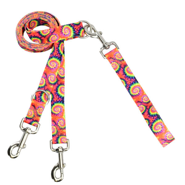 Tie-dye double connection euro-style dog leash with vibrant rainbow swirl pattern, silver hardware — 2 Hounds Design. - Earthstyle