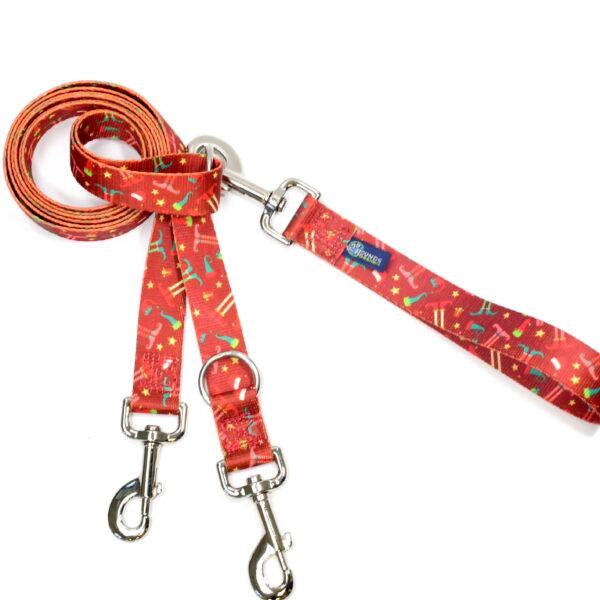 Holiday-themed euro-styled training dog leash with festive Christmas icons like trees, candy canes, and snowflakes — 2 Hounds Design. - Earthstyle