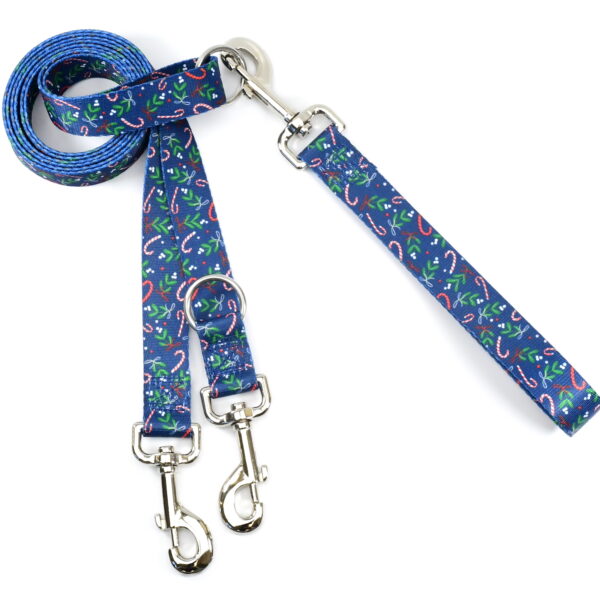 Holiday-themed euro dog leash with blue background and candy cane pattern – double connection leash by 2 Hounds Design. - Earthstyle