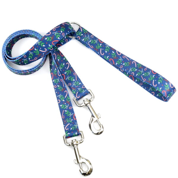 Holiday-themed dog leash with blue background and candy cane pattern – double connection leash by 2 Hounds Design. - Earthstyle