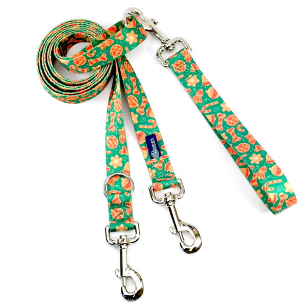 Christmas-themed double connection euro dog leash featuring colorful cookie shapes on green background. - Earthstyle