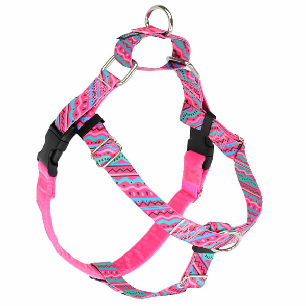 Pink squiggles, geometric design no-pull freedom dog harness with double leash attachment points by 2 Hounds Design