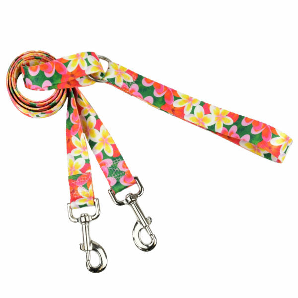 Tropical plumeria floral double connection dog leash in pink, yellow, and green by 2 Hounds Design – vibrant summer accessory - Earthstyle