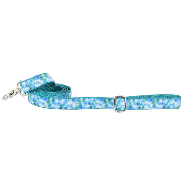 Teal tie-dye velvet dog leash with silver hardware and adjustable buckle by 2 Hounds Design