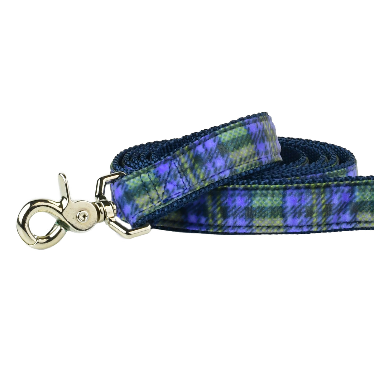 Close-up of blue plaid swiss velvet dog leash with durable silver clasp