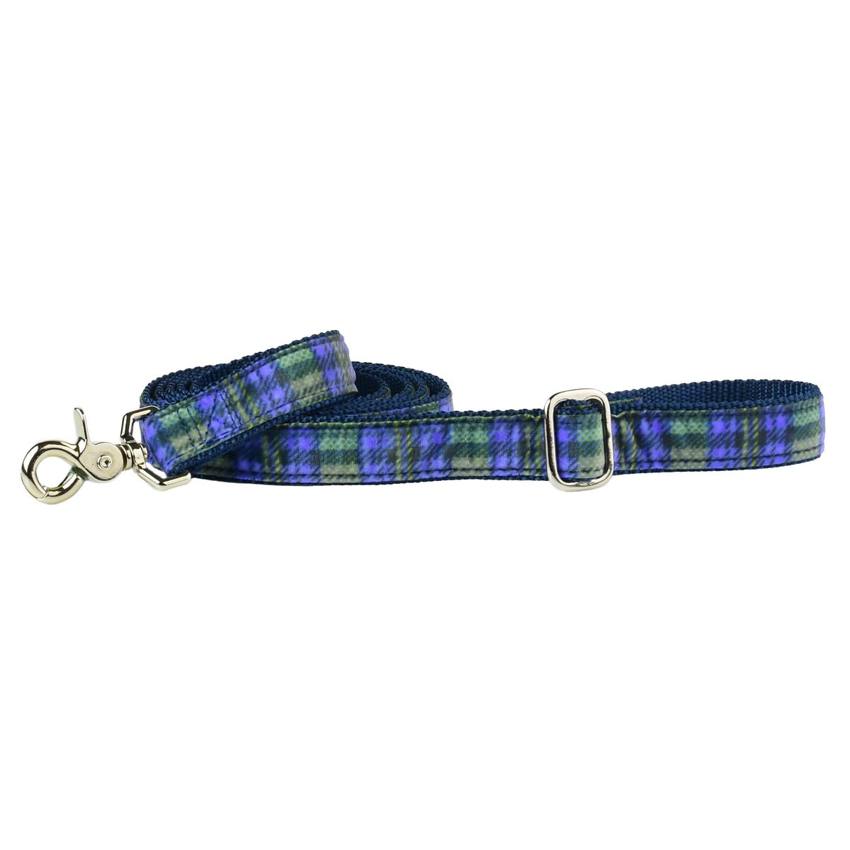 Durable full-length swiss velvet dog leash with blue plaid pattern and premium metal clasp