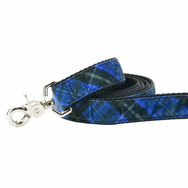 Close-up of navy blue and black plaid velvet dog leash with silver hardware by 2 Hounds Design
