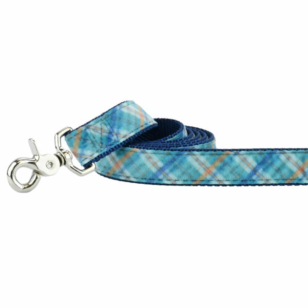 Close-up of blue plaid velvet dog leash with silver hardware by 2 Hounds Design