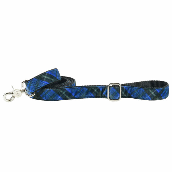 Navy blue and black plaid velvet dog leash with silver hardware and adjustable buckle by 2 Hounds Design