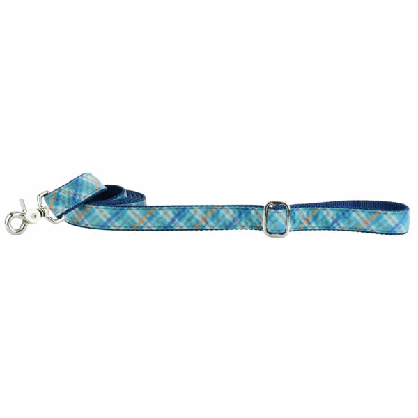 Blue plaid velvet on navy webbing dog leash with silver hardware and adjustable buckle by 2 Hounds Design