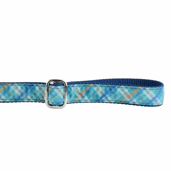 Close-up of blue plaid velvet dog leash handle with adjustable feature by 2 Hounds Design