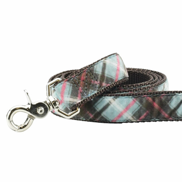 Close-up of gray and red plaid velvet dog leash with silver hardware by 2 Hounds Design