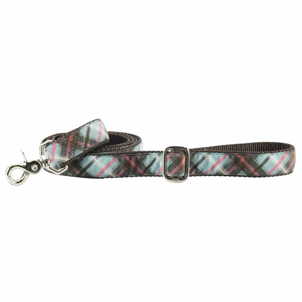 Classic gray and red plaid  plaid velvet dog leash with silver hardware and adjustable buckle by 2 Hounds Design