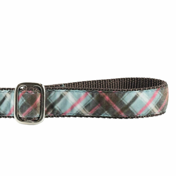 Close-up of gray and red plaid velvet dog leash handle with adjustable feature by 2 Hounds Design
