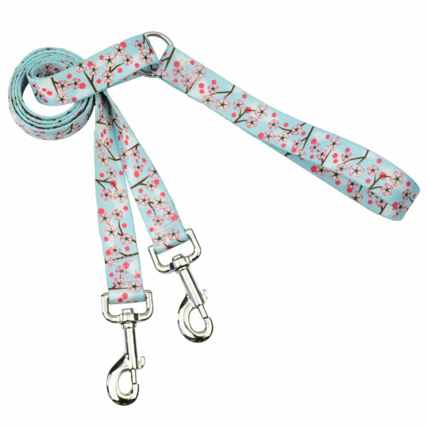 Double connection leash with cherry blossom print on light blue background by 2 Hounds Design - Earthstyle - Earthstyle