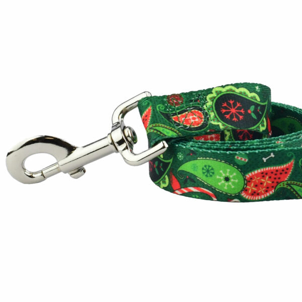 Close-up of dog leash with silver hardware featuring festive green, red, and white paisley details by 2 Hounds Design - Earthstyle
