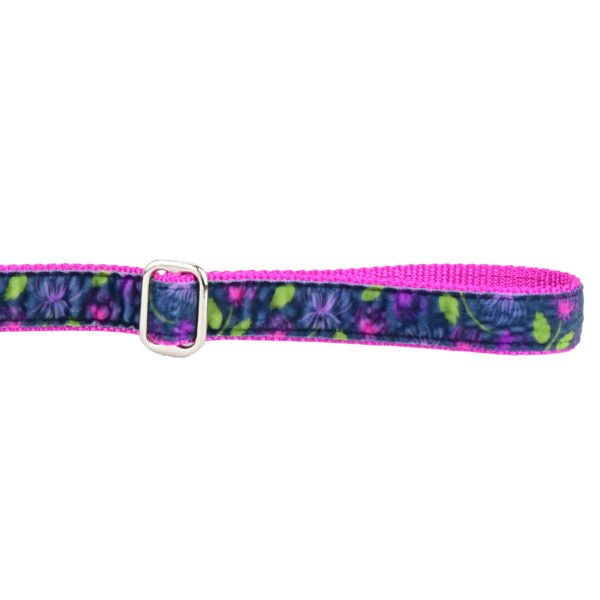 Close-up of purple floral dog velvet dog leash handle with adjustable feature by 2 Hounds Design