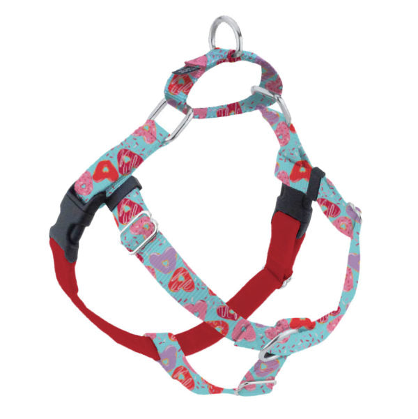 Vibrant turquoise featuring a playful heart-shaped donut pattern no-pull freedom dog harness with double leash attachment points by 2 Hounds Design