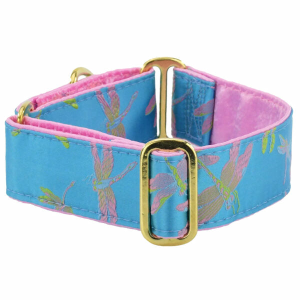 Dragonflies Turquoise Silk Brocade Buckle Martingale Dog Collar 2 Hounds Design