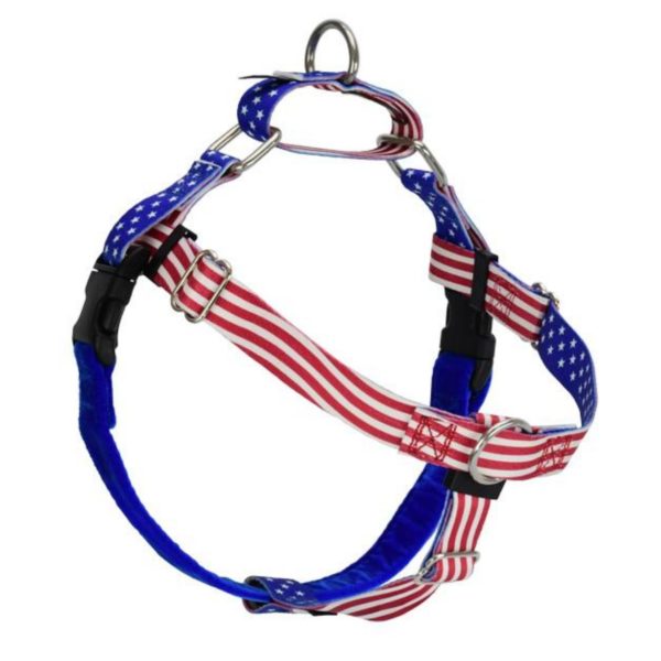 Navy blue dog training leash with star-spangled wave pattern in white and gray no-pull freedom dog harness with double leash attachment points by 2 Hounds Design