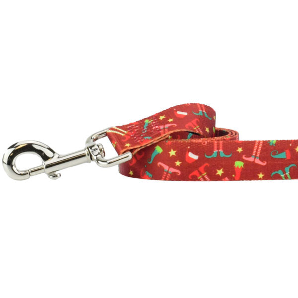 Close-up of dog leash with silver hardware featuring festive Christmas icons like trees, candy canes, and snowflakes by 2 Hounds Design - Earthstyle