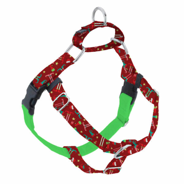 Festive Christmas icons like trees, candy canes, and snowflakes no-pull freedom dog harness with double leash attachment points by 2 Hounds Design