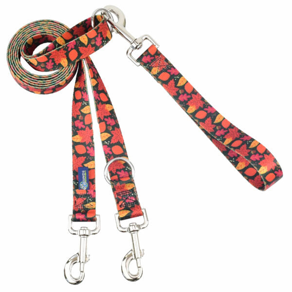 Euro double connection dog leash with fall leaf pattern in red, orange, and yellow by 2 Hounds Design - Earthstyle