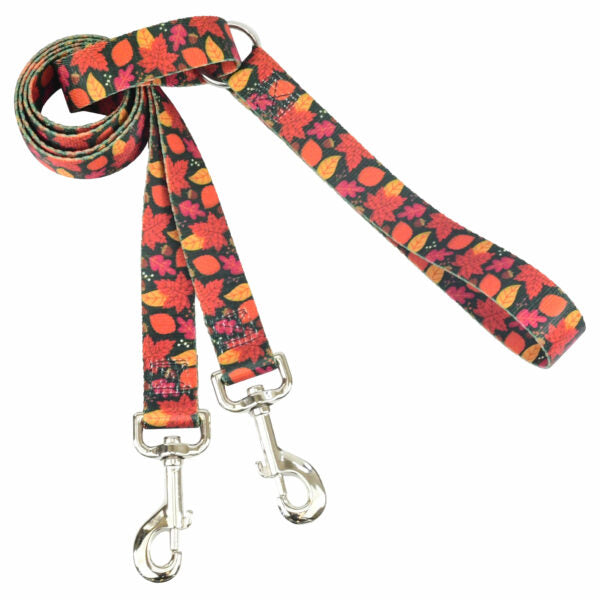 Double connection dog leash with fall leaf pattern in red, orange, and yellow by 2 Hounds Design - Earthstyle