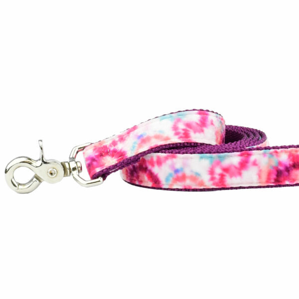 Close-up of  pink and purple tie-dye velvet dog leash with silver hardware by 2 Hounds Design