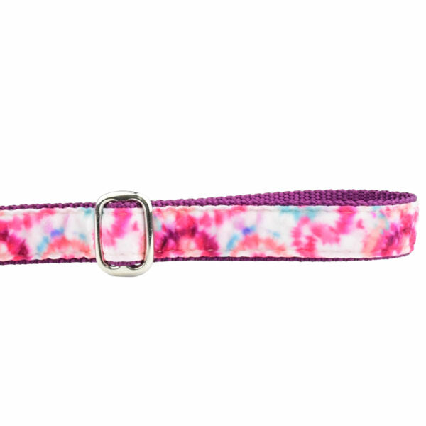 Close-up of pink and purple tie-dye velvet dog leash handle with adjustable feature by 2 Hounds Design