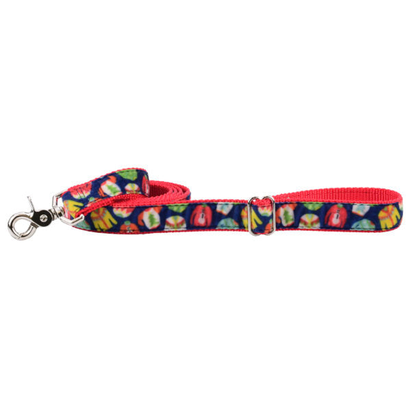 Festive multicolor sweater pattern velvet leash with silver hardware and adjustable buckle by 2 Hounds Design
